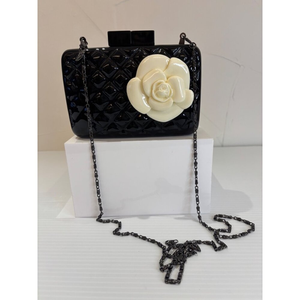 Rose Clutch by Sea Lily (Black Glossy Quilted Clutch With White/Cream Rose)